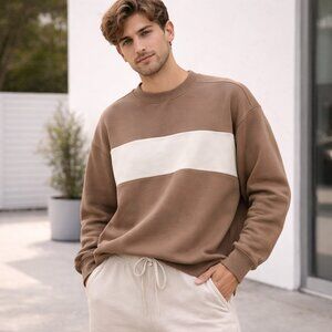 Goodfellow Sweatshirt Mens Brown Knit Crewneck Long Sleeve White Stripe Pullover